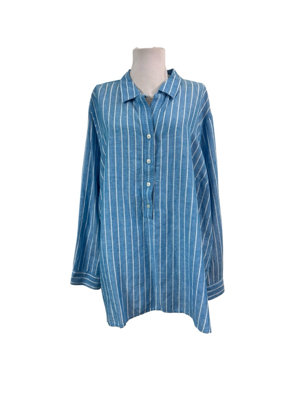 Talbots NEW Women's 3X Tunic Linen Blend Striped Blue Long Sleeves 1/2 Button